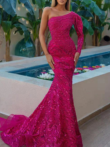 Woochic robe longue moulante une épaule brillante paillette mode bal de promo Rouge S